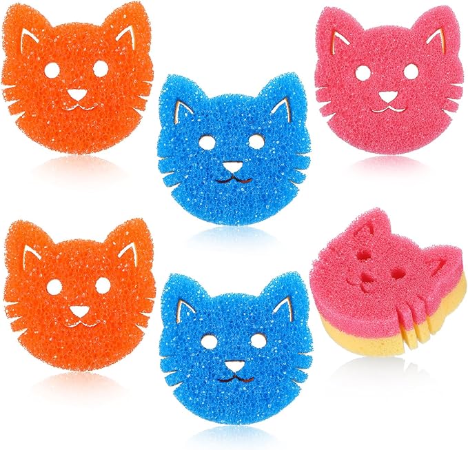 6 Pcs Cat Dual Sided Scrub Cleaning Sponges Cute Temperature Sensitive Dish Sponges for Washing Dishes Non Scratch Household Multi Use Scrubber for Kitchen, 3 Colors