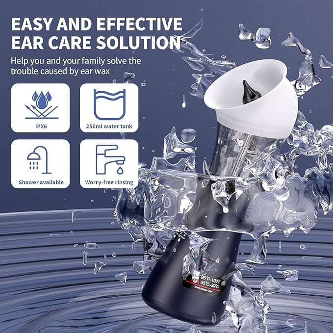 Upgraded Ear Wax Removal Kit, 4-Mode Electric Ear Cleaner - IPX7 Waterproof, Earwax Cleaning Kit with Water Temperature Sensor, 2in1 Waste Tank Design for Home Use (Blue)