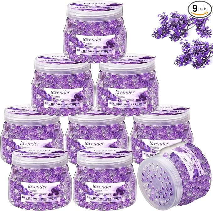 9 Pack Odor Eliminator Gel Beads Bulk 10 Ounces Air Freshener Gel Beads Odor Eliminator for Home, Bathrooms, Cars, Boats and Pet Areas(Lavender)