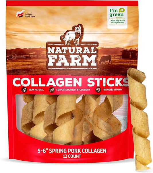 "Natural Farm Curly Pork Collagen Sticks (5-6 Inch, 1 Pack), Fully Digestible & Natural Dog Chews, Flavorful & Long Lasting, Best for Small & Medium Chewers, Odor-Free Rawhide Alternative"