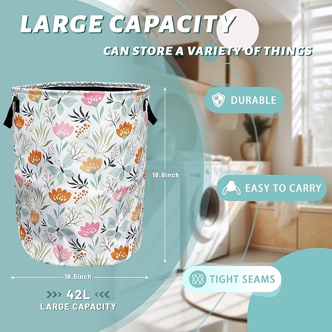 Beautiful Floral Laundry Basket Foldable With Handles Tote Bag Oxford Cloth Colorful Flowers Laundry Hamper Clothes Storage Bucket Toy Organizer 18.9" x 16.5" For Bathroom/Laundry/Bedroom