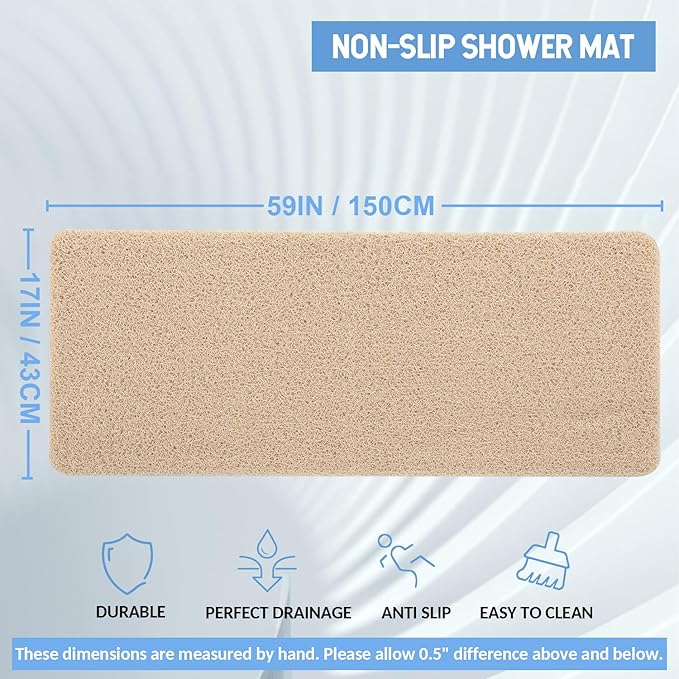 Non-Slip Bathtub Mat, Anti Slip Shower Mat, Fast Drying Bathtub Mats, Foot Scrubber Mat, Anti Slip Mat for Tub, Floor, Bathroom, Kitchen, Home, Hotel (Beige 59"×17.3")