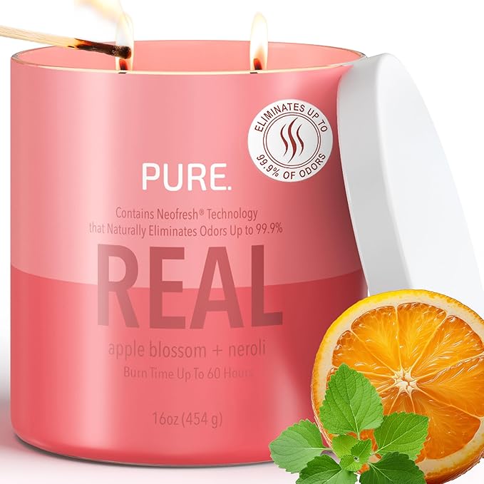 Candle-Lite Pure Apple Blossom & Neroli Odor Eliminating Scented Candles, Neofresh Technology Eliminates 99.9% of Odors, 16 oz 2-Wick Jar, Proudly Poured in The USA, Up to 60 Hours Burn Time