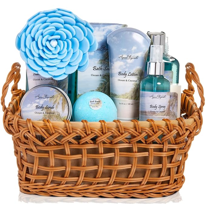 Spa Baskets For Women - Luxury Bath Set With Ocean & Coconut - Spa Kit Includes Wash, Bubble Bath, Lotion, Bath Salts, Body Scrub, Body Spray, Shower Puff, Bathbombs, Soap and Towel