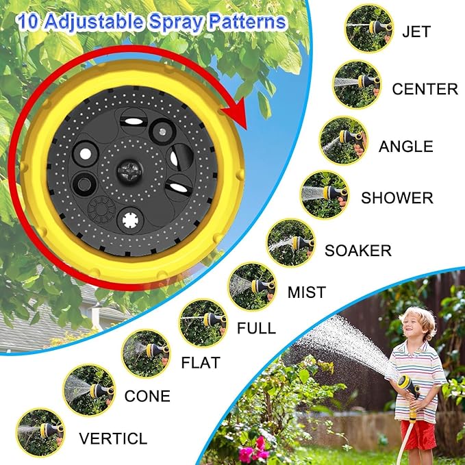 Hose Nozzle, Garden Hose Nozzle with 10 Spray Patterns, Thumb Control On Off Valve, High Pressure Nozzle Sprayer for Plants, Car Wash, Cleaning, Pet Showering (Yellow)