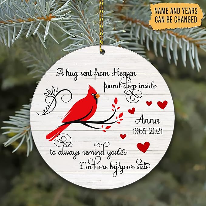 HYTURTLE Personalized Memorial Sympathy Christmas Ornament Tree Decor Gifts for Family Loss of Loved One Mom Dad in Heaven - Cardinal Hug Heaven Side Custom Name Circle Ornament