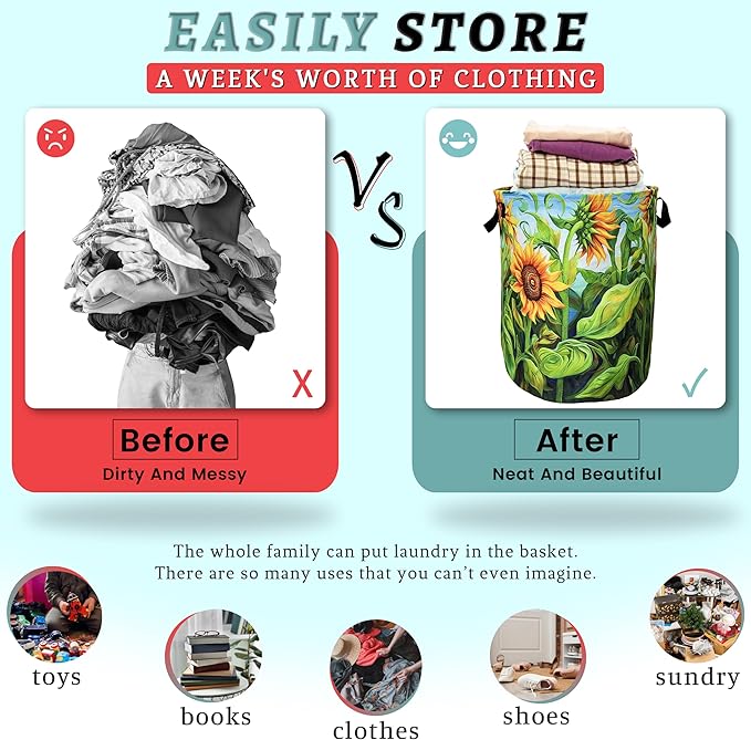 Watercolor Sunflowers Laundry Basket Foldable With Handles Colorful Tote Bag Oxford Cloth Laundry Hamper Clothes Storage Bucket Toy Organizer 18.9" x 16.5" For Bathroom/Laundry/Bedroom