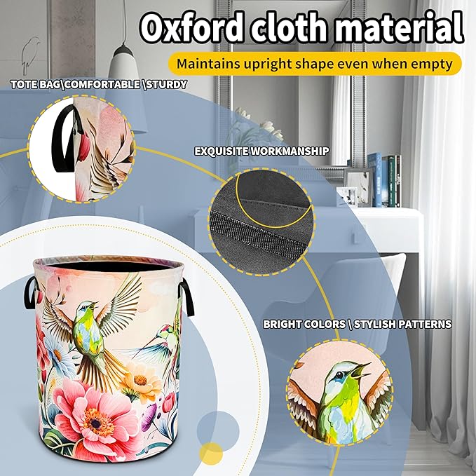 Hummingbird Laundry Basket Beautiful Bird Flower Foldable Oxford Cloth Funny Tote Bag Laundry Hamper Clothes Storage Bucket Toy Organizer For Bathroom/Laundry Storage/Bedroom 18.9x16.5 Inch