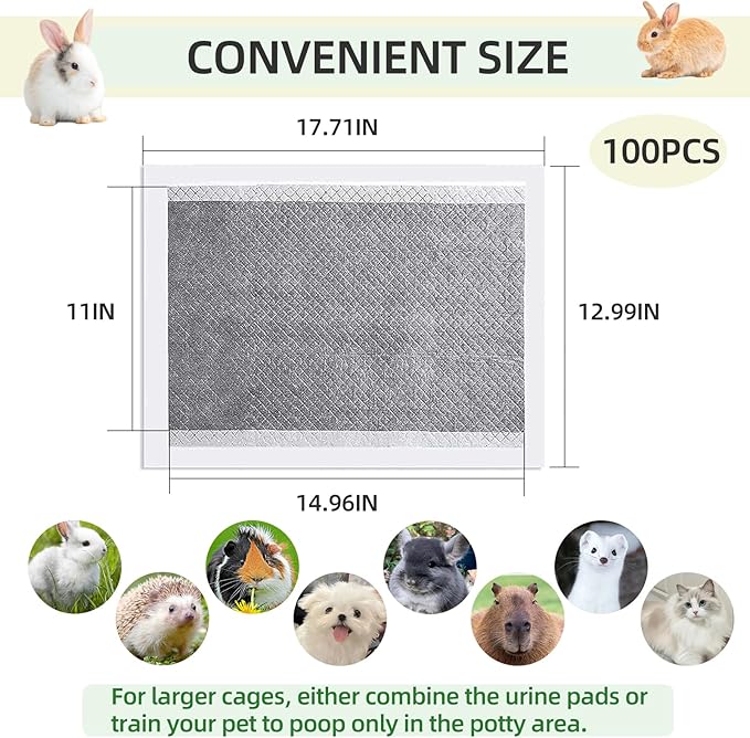 kathson 100Pcs Rabbit Pee Pads, 18" x13" Disposable Rabbit Diapers, Odor Control Pet Toilet Training Pads, Super Absorbent Charcoal Pet Disposable Diaper for Bunny, Hedgehogs, Hamsters, Chinchillas