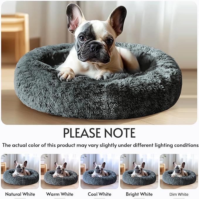 JOLLYVOGUE Small Dog & Cat Beds for Indoor Cats, Donut Cuddler Warming Soft Dog Beds with Anti-Slip Bottom, Round Calming Fluffy Plush Faux Fur Cushion Bed for Small Dogs (23")