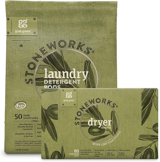 Grab Green Stoneworks Laundry Detergent Pods and Dryer Sheet Bundle, 50 Count Pods and 80 Dryer Sheets, Olive Leaf Scent, Plant and Mineral Based Laundry Care Set