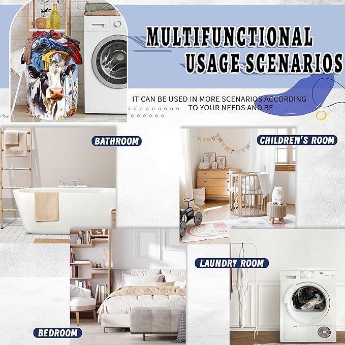 Cute Animal Cows Laundry Basket Foldable Colorful Flowers Laundry Hamper With Handle Oxford Cloth Portable Clothes Storage Organizer Basket 18.9"x16.5" Laundry Bag For Laundry Room/Bedroom/Bathrooms