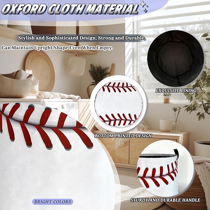 Baseball Texture Laundry Basket Foldable Funny Baseball Laundry Hamper With Handle Oxford Cloth Portable Clothes Storage Organizer Basket 18.9"x16.5" Laundry Bag For Laundry Room/Bedroom/Bathrooms