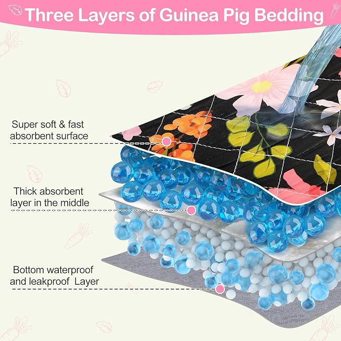 Bienbee Guinea Pig Bedding, 2 Pack 47" x 24" Reusable Guinea Pig Cage Liner Waterproof and Absorbent Small Animal Bedding Washable Pee Pads for Small Pet Hamster Rabbit Squirrel Pink and White Flowers
