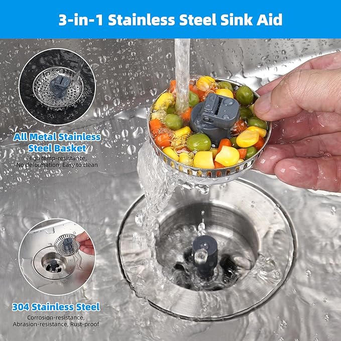 Hibbent 3 in 1 Kitchen Sink Drain Strainer, Stainless Steel Drain Stopper Combo, Pop Up Sink Stopper, Anti-Clogging Metal Basket Strainer with Handle for US Standard 3-1/2" Drain