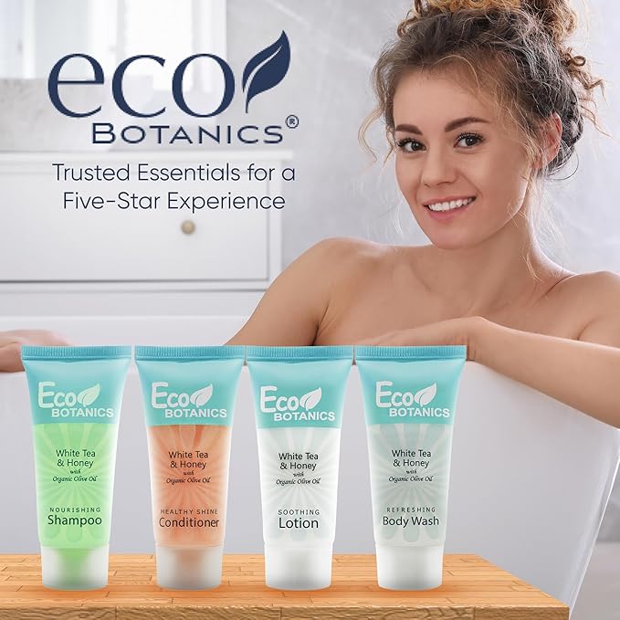 Eco Botanics Toiletries Set | 1-Shoppe Amenities Kit | 0.85oz Shampoo & Conditioner, Body Wash, Lotion | Travel Size | 80 Pieces