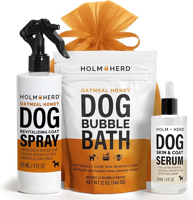 Holm & Herd Oatmeal Honey Dog Care Gift Bundle – 3 Piece Grooming Set with Bubble Bath Shampoo, Deodorizing Spray & Serum – Soothing Dog Gift for Sensitive Skin (Oatmeal Honey)