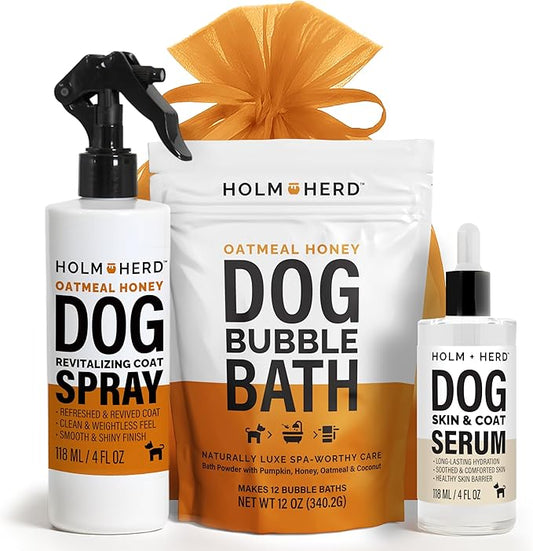 Holm & Herd Oatmeal Honey Dog Care Gift Bundle – 3 Piece Grooming Set with Bubble Bath Shampoo, Deodorizing Spray & Serum – Soothing Dog Gift for Sensitive Skin (Oatmeal Honey)