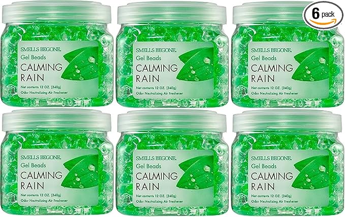 SMELLS BEGONE Odor Eliminator Gel Beads - 12 oz, Pack of 6 - Eliminates Odor in Bathrooms, Cars, Boats, RVs & Pet Areas - Air Freshener - Made with Essential Oils - Calming Rain Scent