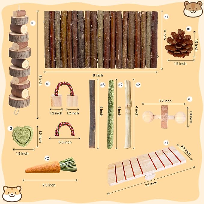 20 PCS Hamster Chew Toys Set, Natural Apple Wood Guinea Pig Toys, Hamster Cage Accessories Include Bridge, Seesaw, Carrot, Timothy Straw Stick Dental Care for Rat Gerbil Chinchilla Rabbits