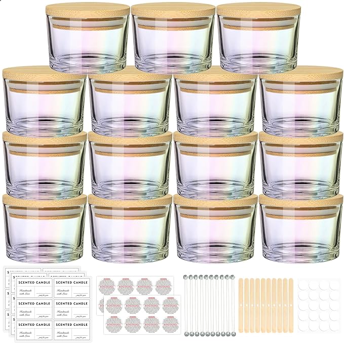 4oz Iridescent Candle Jars 15 Pack, Small Wide Mouth Glass Empty Candle Jars with Bamboo Lids for Making Candles, Bulk Candle Container with Wick Kit, Ideal for Candle Business Owners