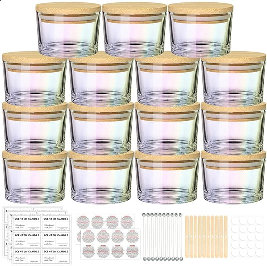 4oz Iridescent Candle Jars 15 Pack, Small Wide Mouth Glass Empty Candle Jars with Bamboo Lids for Making Candles, Bulk Candle Container with Wick Kit, Ideal for Candle Business Owners