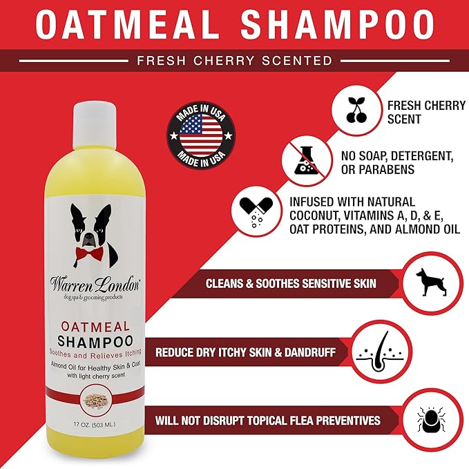 Warren London Oatmeal Dog Shampoo - Soothing Relief for Itchy, Flaky, Dry, & Sensitive Skin - Infused with Vitamins & Neem Oil - Stops Scratching - Made in USA - 17 oz