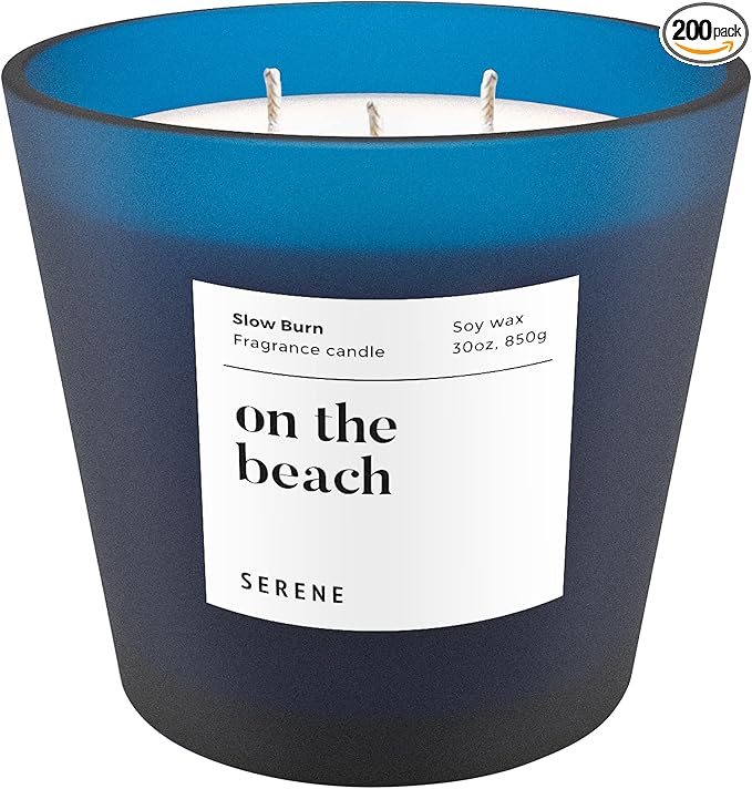 Hidden Label Large Scented Candle, On The Beach, 30oz 3 Wick Huge Candle, Serene Collection Slow Burn Natural Soy Candles for Home Scented