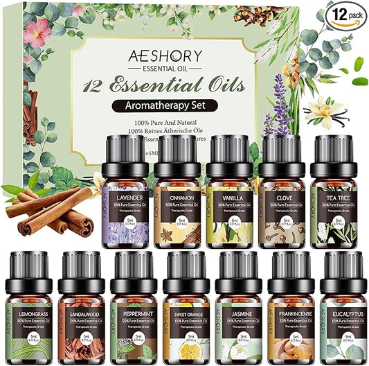 Essential Oils Set - 12 Pcs Aromatherapy Essential Oil Kit for Diffuser, Humidifier, Aromatherapy, Massage, Soap, Candle Making (5mL)