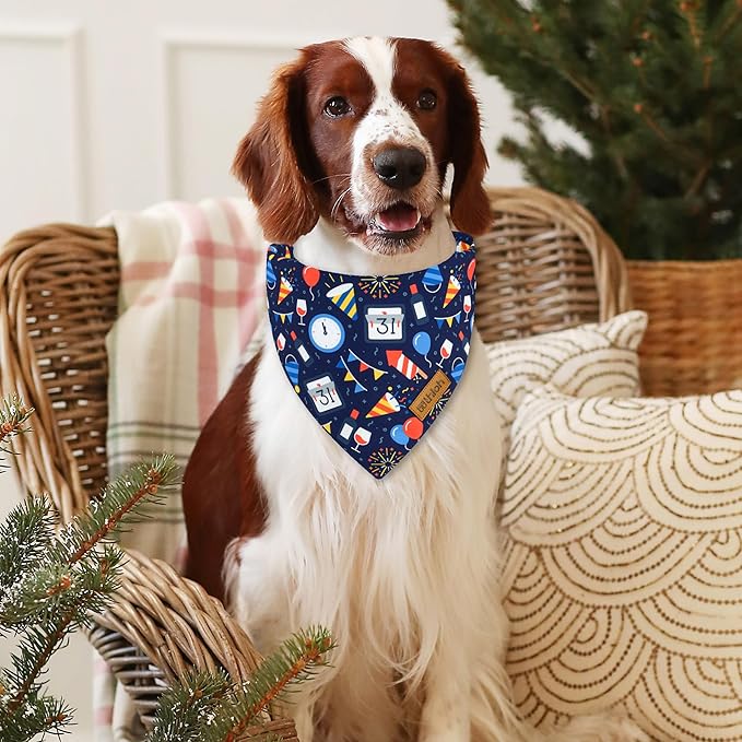 Happy New Year Dog Bandanas - 2 Pack Reversible Holiday Dog Scarf for Boy and Girl, Premium Durable Fabric, Bandana for Large and Extra Large Dogs (X-Large)