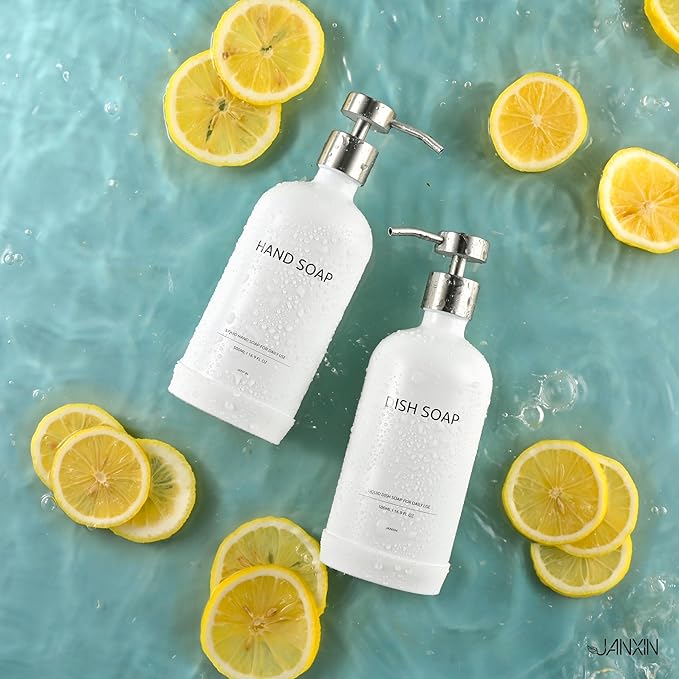 Kitchen Soap Dispenser Set with Non-Slip Protective Silicone Pad,Hand Soap Dispenser for Kitchen and Bathroom Decor, White and Silver Kitchen Accessories (White Bottles + Silver Pumps)