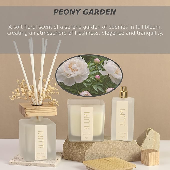 Luxury Aroma Gift Set | Peony Garden - Reed Diffuser (200ml), Wood Wick Soy Candle (200g), Room Spray (50ml) | Includes Dried Flowers & 8 Reeds | Luxurious Home Fragrance for Home Décor & Gifts
