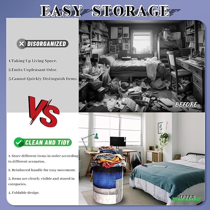 Abstract Blue Grey Striped Laundry Basket Foldable Colorful Laundry Hamper With Handle Oxford Cloth Portable Clothes Storage Organizer Basket 18.9"x16.5"Laundry Bag For Laundry Room/Bedroom/Bathrooms