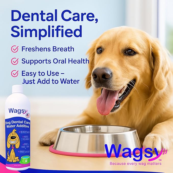 WAGSY Dog Breath Freshener & Dental Care Water Additive for Dogs Teeth - Made in USA, Naturally Derived Dog Mouthwash for Bad Breath, Plaque & Tartar Control, Whiter Teeth & Fresh Breath