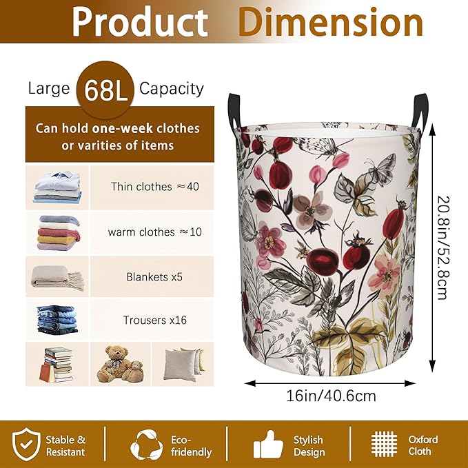 Retro Flower with Plants Laundry Basket,Waterproof Foldable Laundry Hamper,Dirty Clothes Laundry Basket, Linen Bin Storage Organizer for Toy Collection 16" x 20"