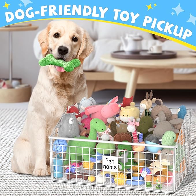 Indestructible Dog Toy basket, Large Toy Box for Dogs,Pet Toy Bin Dog Metal Basket for Toys, Toy Storage Organizer, Toy Box for Living Room Area (White)