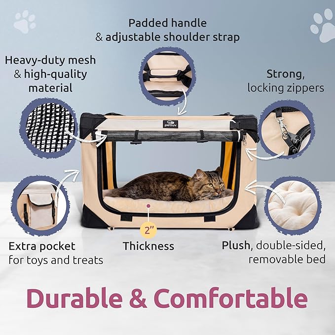Soft-Sided Cat & Dog Pet Carrier, Medium 20"x13"x13" Fits Most Cats or Small Dog, Comfortable for Travel & Vet Visits, Privacy Windows, Removable Plush Bed, Top/Side Entry, Locking Zippers, Folds Flat