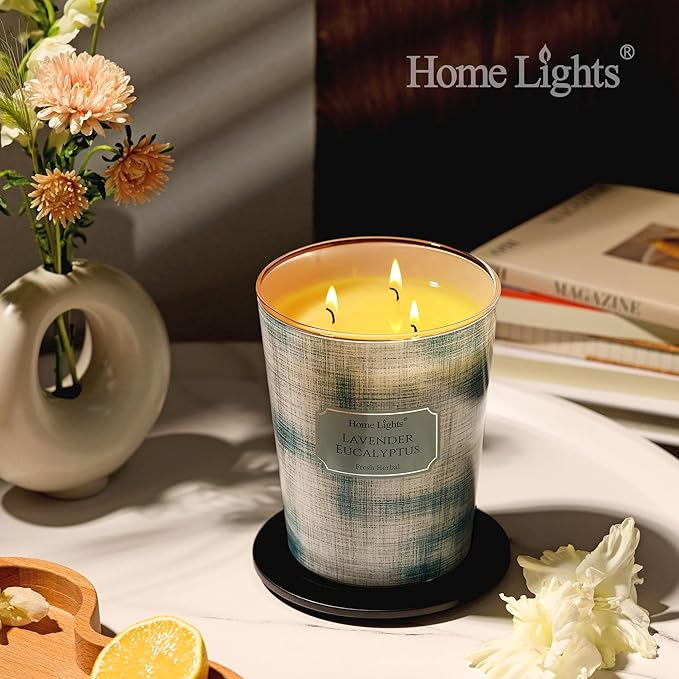 HomeLights 3-Wick Candles for Home Scented - 34oz Soy Wax Blend Candle Long-Lasting Fragrance, Scandinavian Minimalist Design Home Decor and Housewarming Gifts, Lavender Eucalyptus