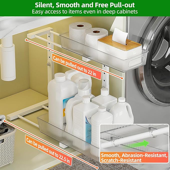 2 Pack Under Sink Organizer, Pull Out Cabinet Organizer 2 Tier Slide Out, Under Sink Organizers and Storage Height Adjustable for Kitchen Bathroom Cabinet, Metal