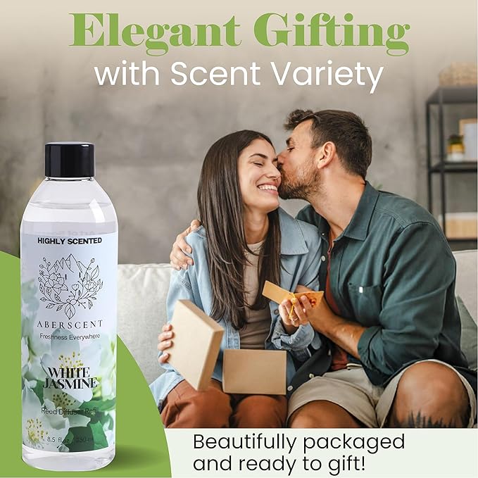 White Jasmine Aberscent Premium Reed Diffuser Oil Refill (8.5 Fl Oz/250ml) – Long-Lasting Fragrance Oil for Home, Office & Spa – Relaxing Scent, Luxury Hotel-Style Aroma