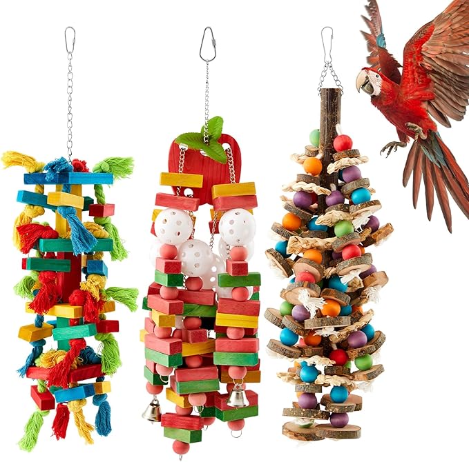 3 Pcs Extra Large Bird Parrot Toy Multicolored Natural Wooden Parrot Cage Chewing Toys for Large Medium Macaws Cockatoos African Grey Birds(Block and Ball)