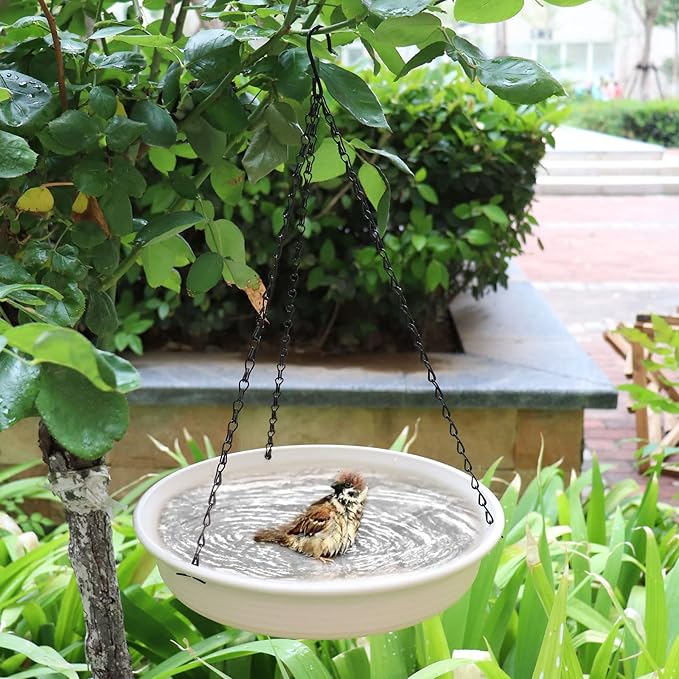 12 Inch Hanging Bird Bath, Bird Feeder and Drinking Fountain with Hook and Chain for Outdoor Garden Yard Patio