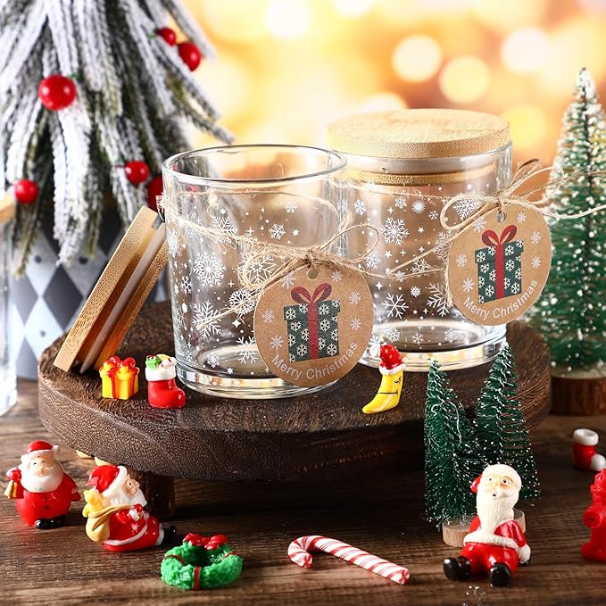 12 Pcs Christmas Glass Candle Jars 7 oz Glass Jars Empty Containers with Bamboo Lids and Christmas Cards for Candle Making Storing Biscuits Holiday Tea Party Favors