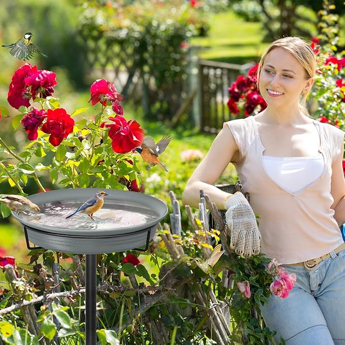 28In Freestanding Birdbaths Bowl Outdoor, Free Standing Garden Bird Bath Bird Feeder Bowl with Metal Stake, Detachable Decoration Spa Birdfeeder for Garden Patio Yard Lawn, 4 Spiky Feet (Grey)