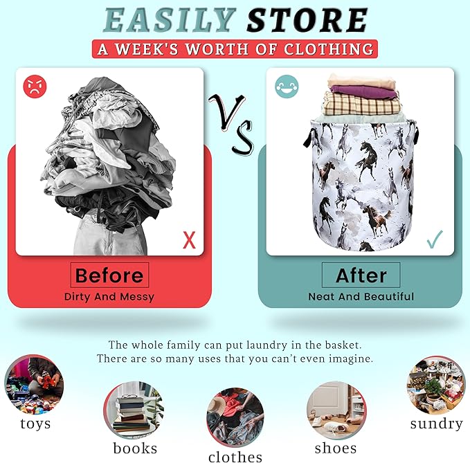 Watercolor Horses Laundry Basket Foldable With Handles Tote Bag Oxford Cloth Funny Animal Laundry Hamper 18.9" x 16.5" Clothes Storage Bucket Toy Organizer For Bathroom/Laundry/Bedroom