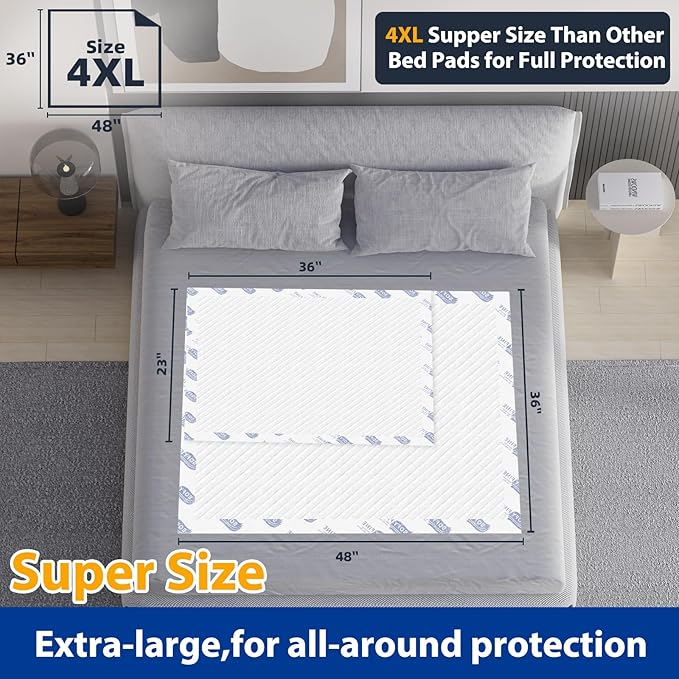 Extra Large Disposable Bed Pads 36"x 48"(60 Count) Adult Chucks Incontinence Underpads,Thicken Premium Tear Resistant Waterproof Pee Pads for Elderly,Kids,10X Super Absorbency Puppy Training Pads