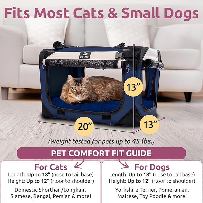 Soft-Sided Cat & Dog Pet Carrier, Medium 20"x13"x13" Fits Most Cats or Small Dog, Comfortable for Travel & Vet Visits, Privacy Windows, Removable Plush Bed, Top/Side Entry, Locking Zippers, Folds Flat