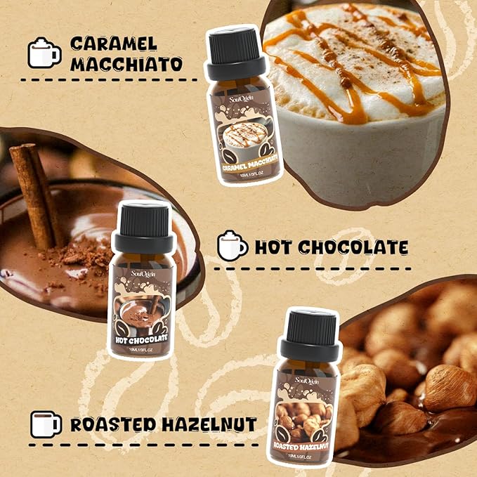 Coffee Fragrance Oils Set, Essential Oil for Diffuser, Diffuser Oil, Use for Soap Candle Making,Caramel Apples, Pumpkin Pie, Candy Corn, Halloween Cookies, Popcorn Balls, Snickers Bars