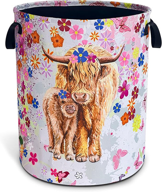 Highland Cow Laundry Basket Cute Cattle Foldable Waterproof Oxford Cloth Funny Tote Bag Laundry Hamper Clothes Storage Bucket Toy Organizer For Bathroom/Laundry Storage/Bedroom 18.9x16.5 Inch