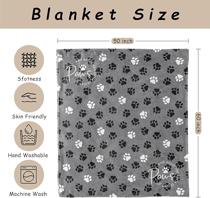 HIWX Dog Blanket, Dog Mom Lovers Owners Gifts for Women, Pet Lovers Gifts, Puppy Paws Print Throw Blanket for Couch Bed Sofa Living Room Bedroom Decor, 50x60 Inches